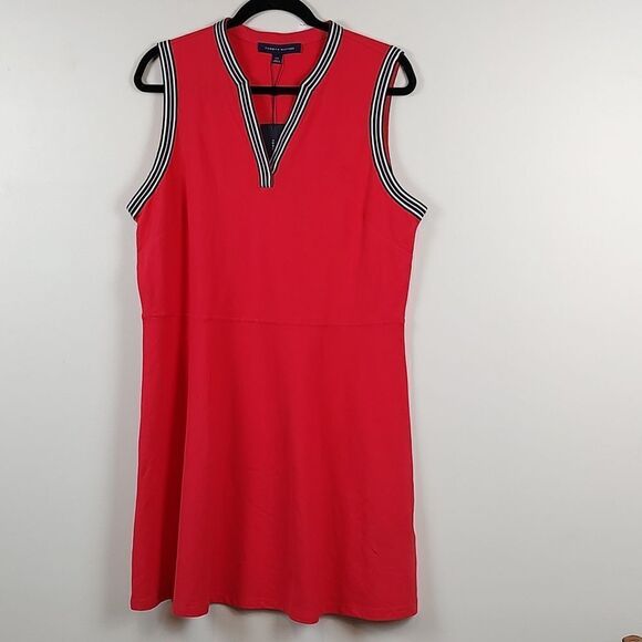 Tommy Hilfiger Striped Trim A-Line Sleeveless Red Knit Dress Size L NWT Preppy - Picture 12 of 12
